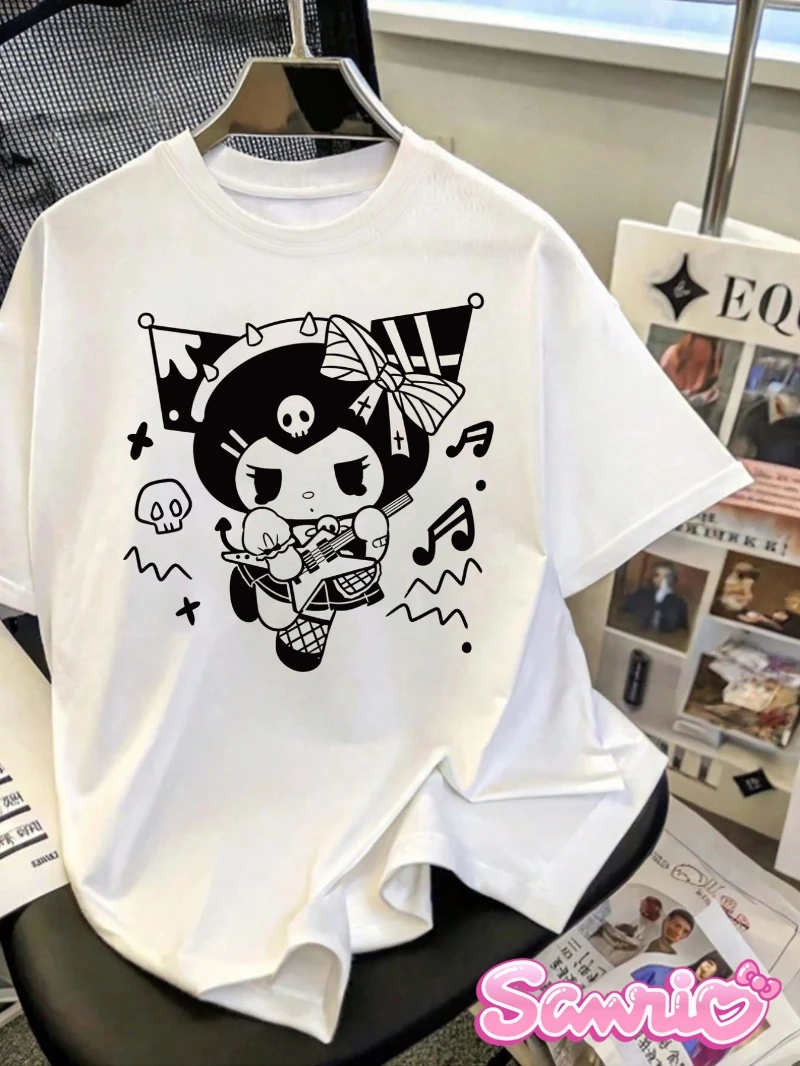 

Sanrio Hello Kitty Women's Cute Rock Pattern T-shirt - Kawaii Street Style with Guitar Note Design, Soft and Breathable Fabric