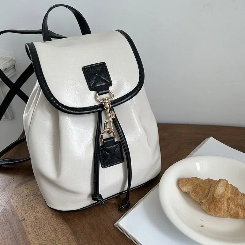 Xiuya White Elegant Womens Backpack Korean Style Fashion Leather Casual Backpacks Contrast Color Female Simple Aesthetic Bags