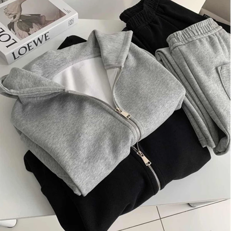 Leisure Sport Set Women Double Zippers Hoodie Tops And Elastic Waist Trousers 2pcs Solid Spring Autumn Female Clothes Suit