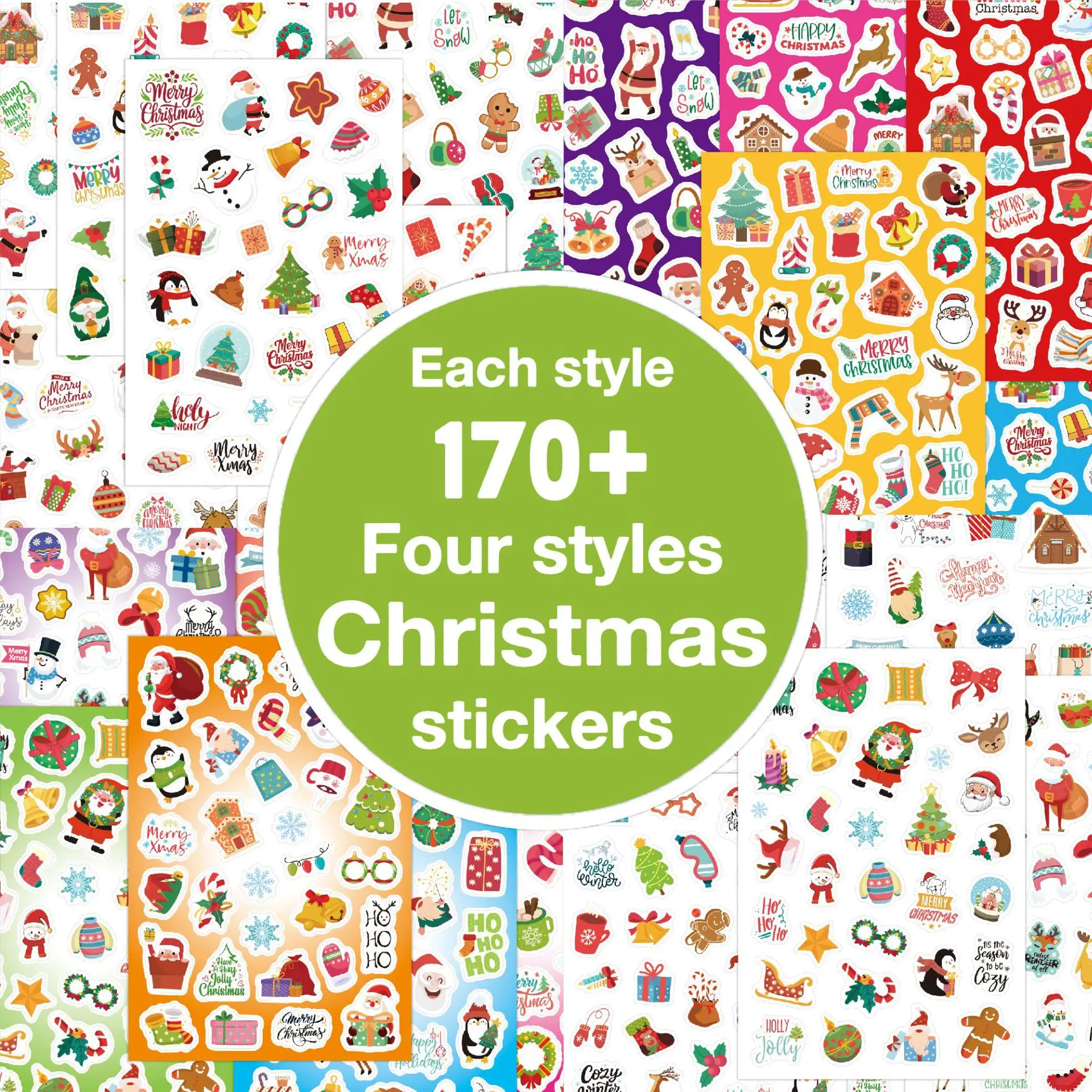Christmas Stickers 176Pcs 6 Sheets No Repeat Die Cut Cartoon Cute Santa Claus Xmas New Year Decorative Stickers
