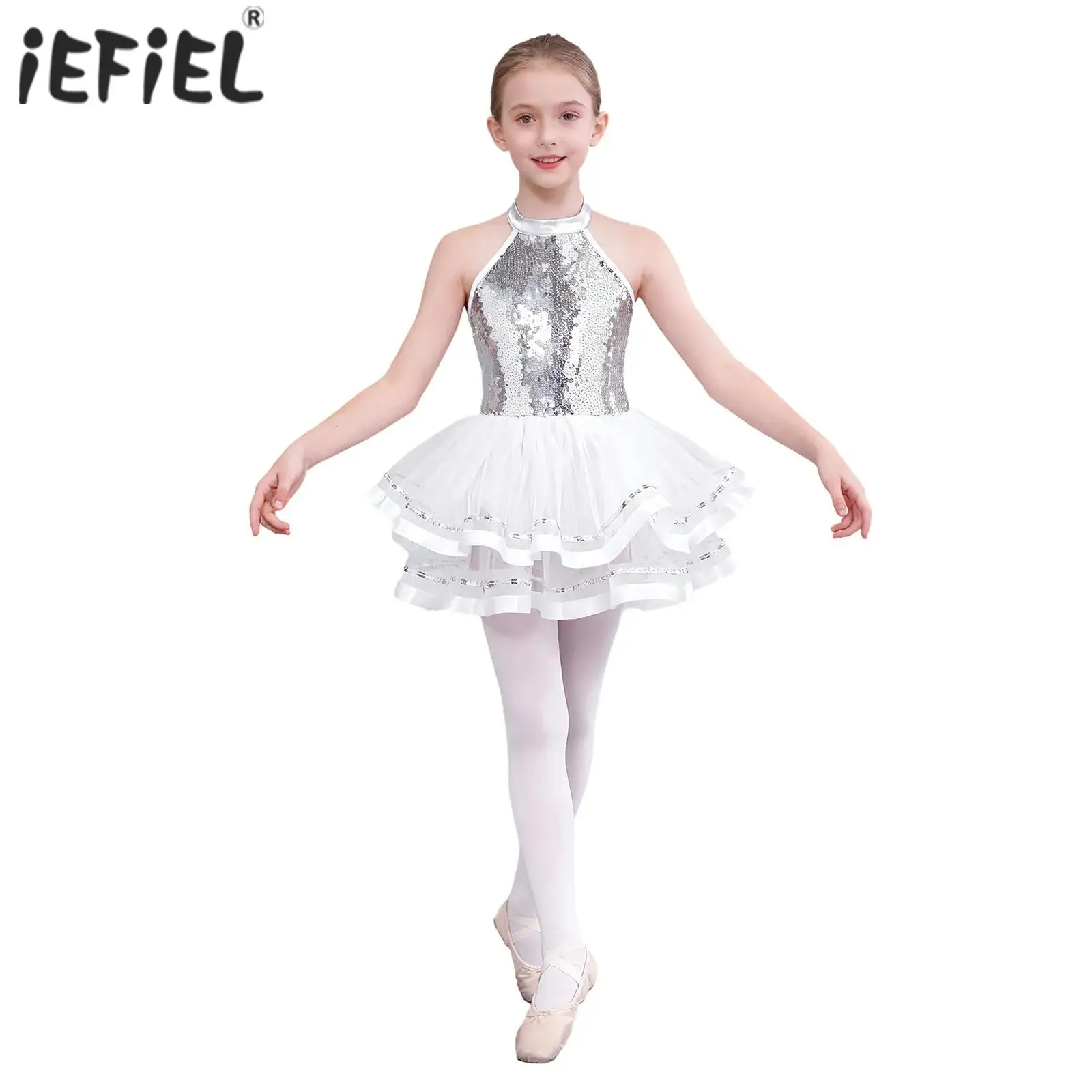 

Kids Girls Sparkling Sequins Gymnastics Figure Skating Ballet Jazz Latin Dance Performance Costume Ballet Tutu Mesh Dance Dress