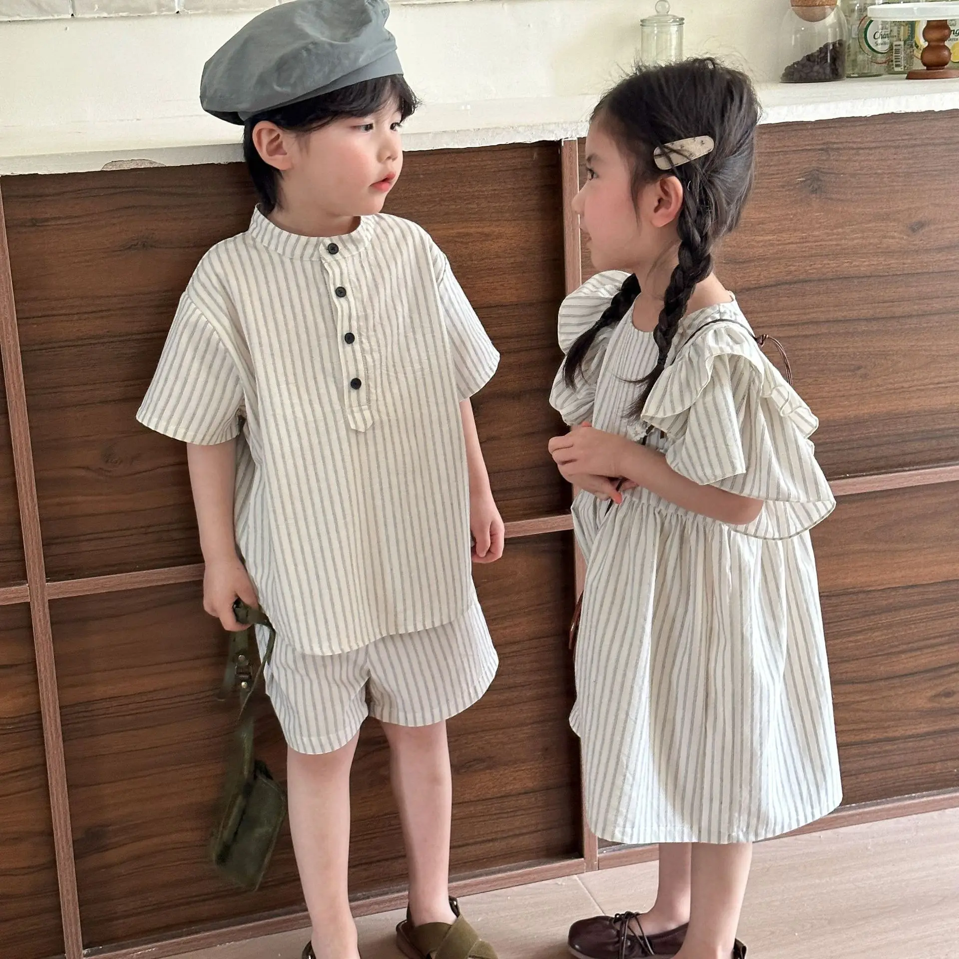 2024 Summer Thin Brother Sister Outfits Boy Children Cotton Short Sleeve T-shirt+Shorts 2pcs Girl Baby Striped Fly Sleeves Dress