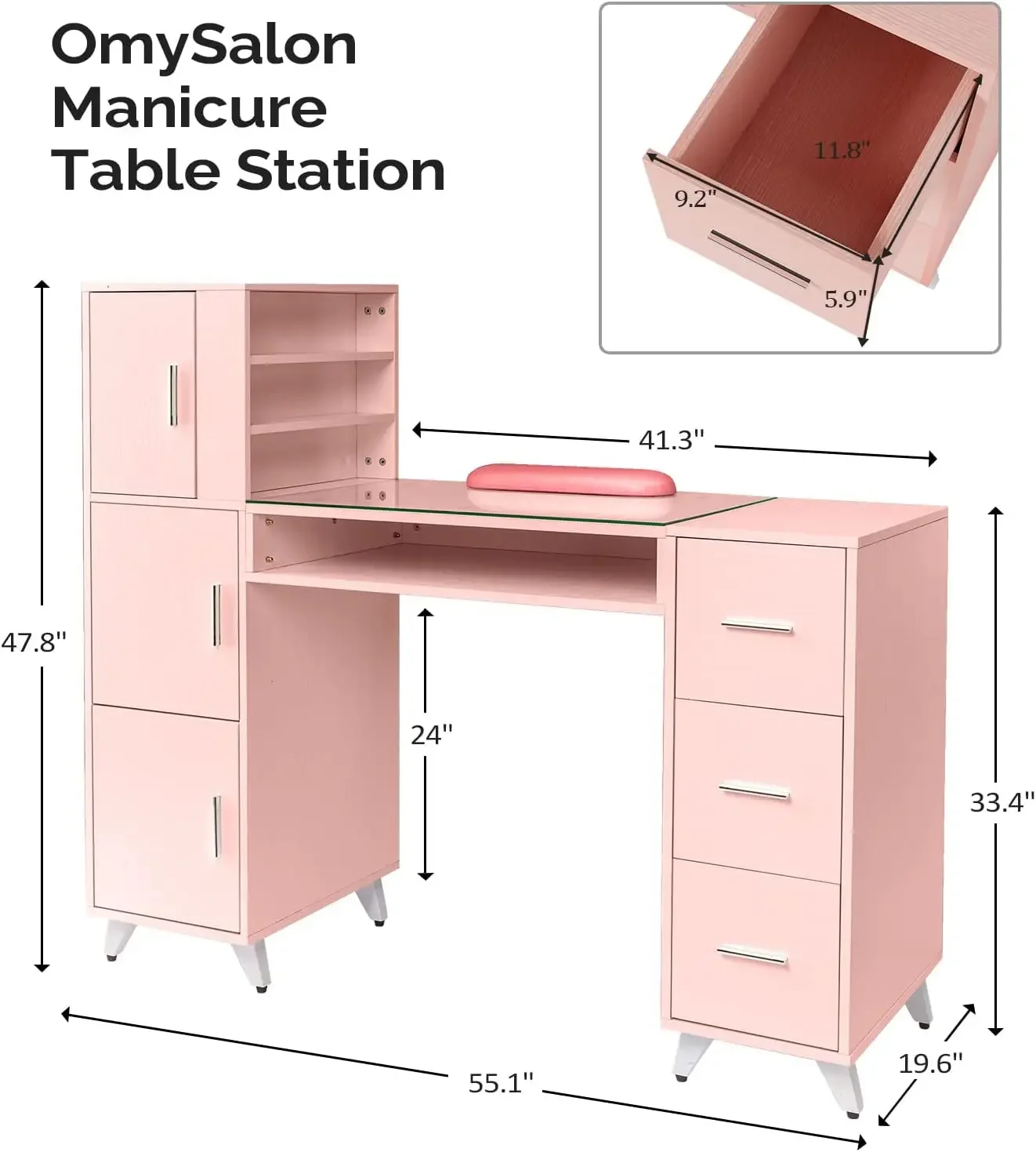 Manicure Table Nail Desk for Nail Tech w/Glass Top & Wrist Rest, Beauty Salon Nail Supplies Decor Workstation Acetone Resistant