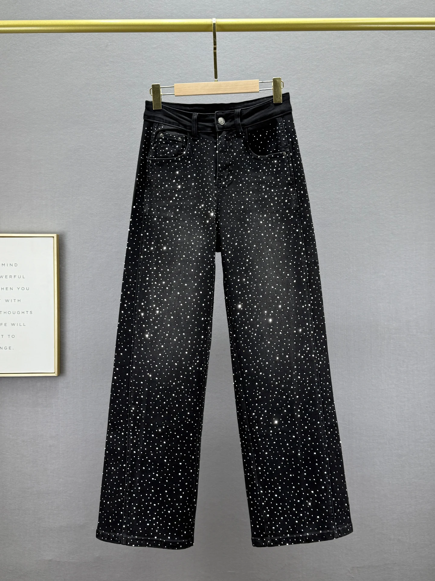 

High Waist Wide Leg Jeans Women's Spring New Sle Ting Rhinestone Loose Fit Slimming European Sle Casual Cotton Stretc...