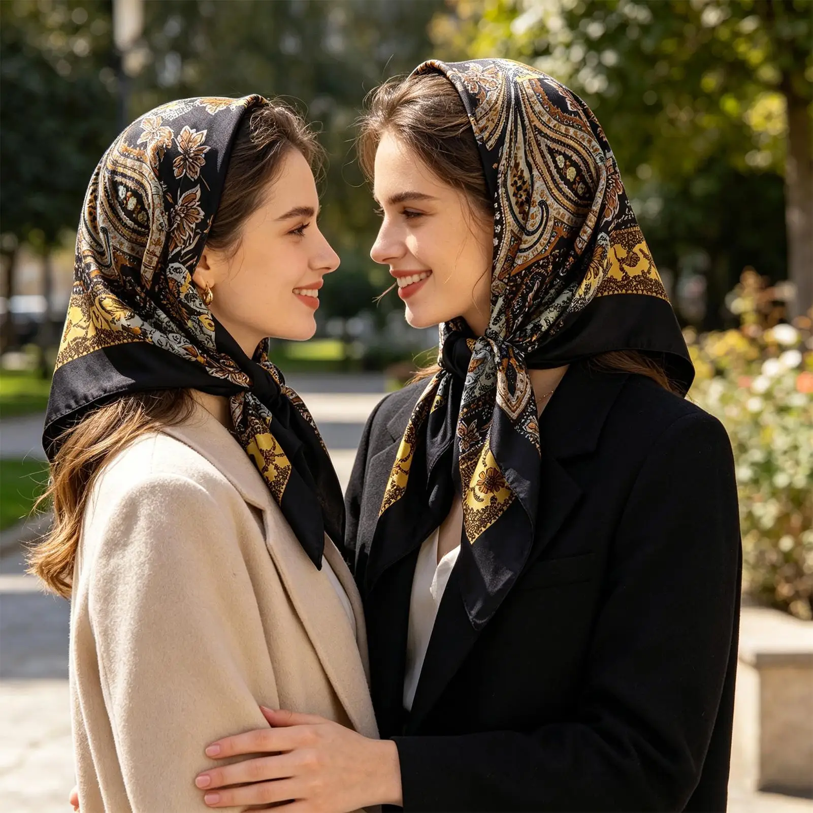 35inch vintage-style faux silk scarf Large Square Hair Bandanas decorative beach neckerchief thin scarf with printed gauze