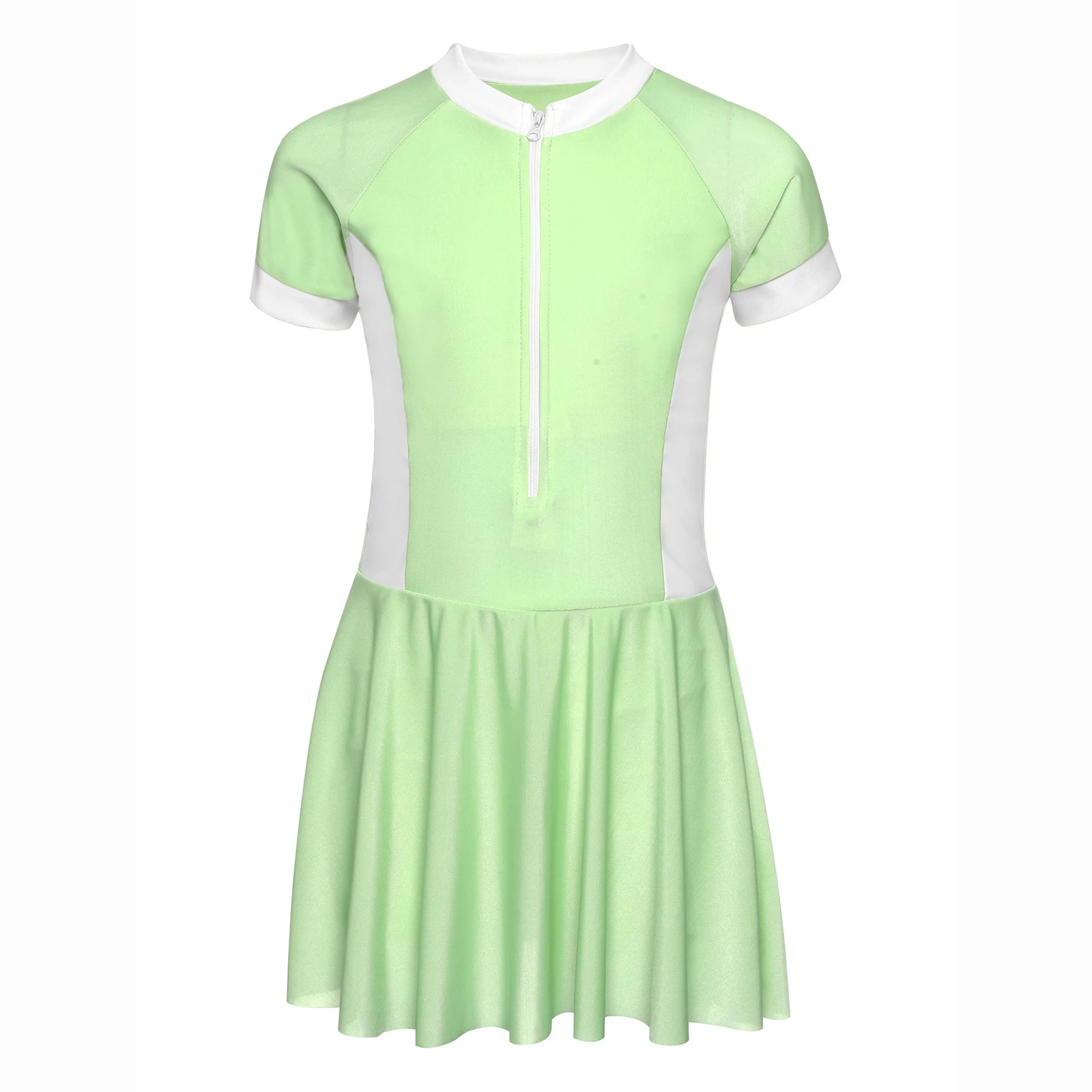 Kids Girls Water Sports Swimwear Front Zipper Short Sleeves Swimsuit Swim Dress with Safety Shorts Summer Beachwear Bathing Suit