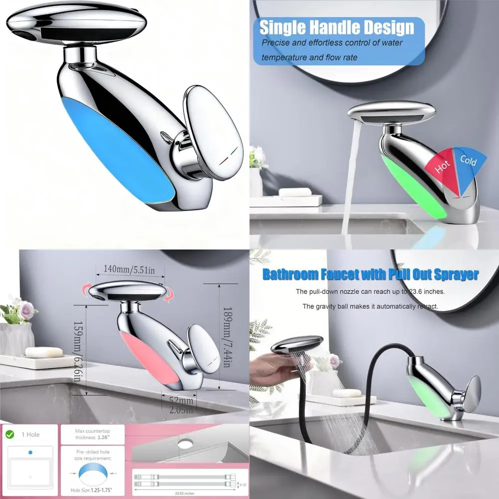 

Modern Pull-Out Sprayer Bathroom Sink Faucet with 4 Modes, 360° Rotating Spout, Waterfall Fountain, Single Handle Design