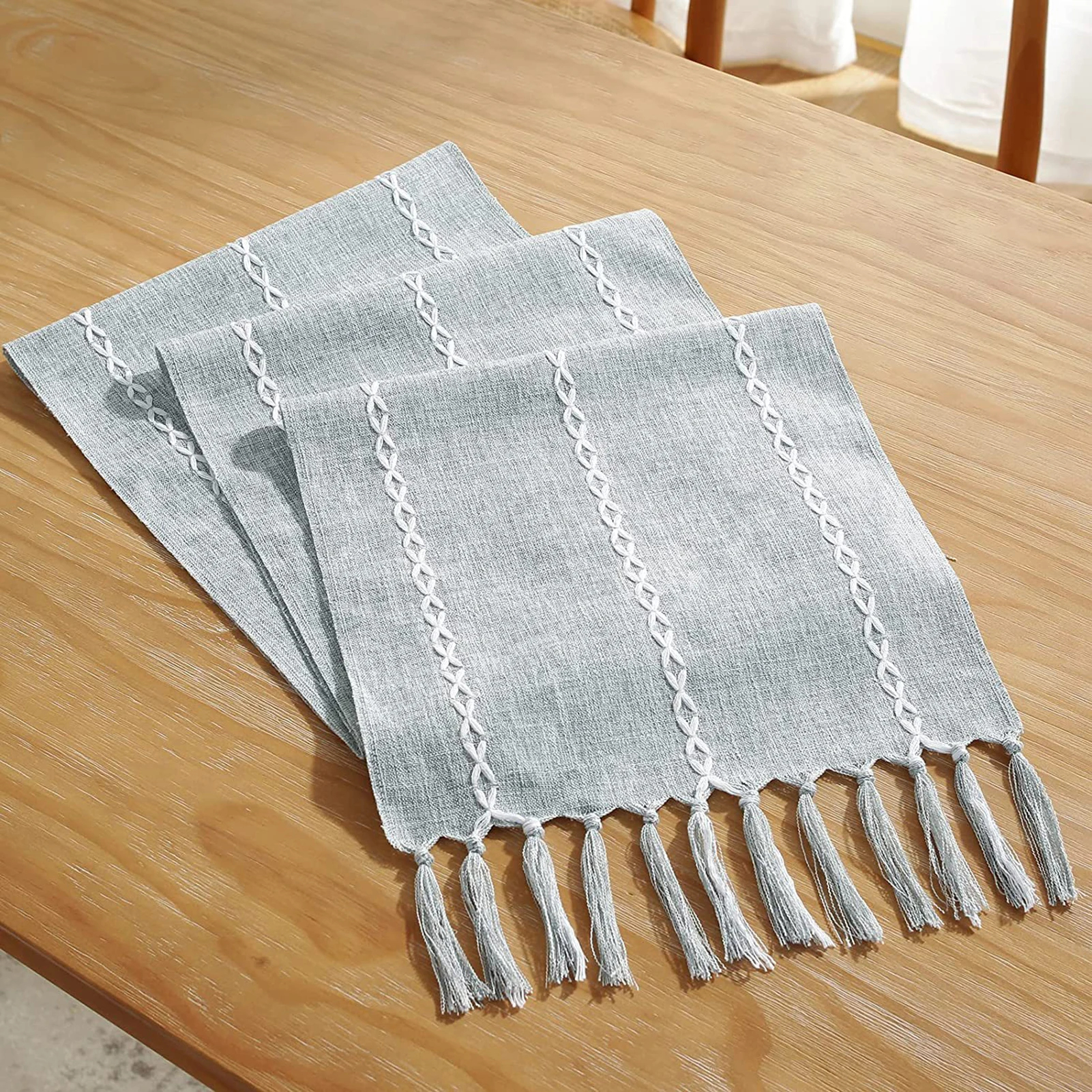 Simple Tassels Table Runner Hand-made Rustic Style Embroidered Dining Table Cloth for Home Party Decor Gathering Holiday