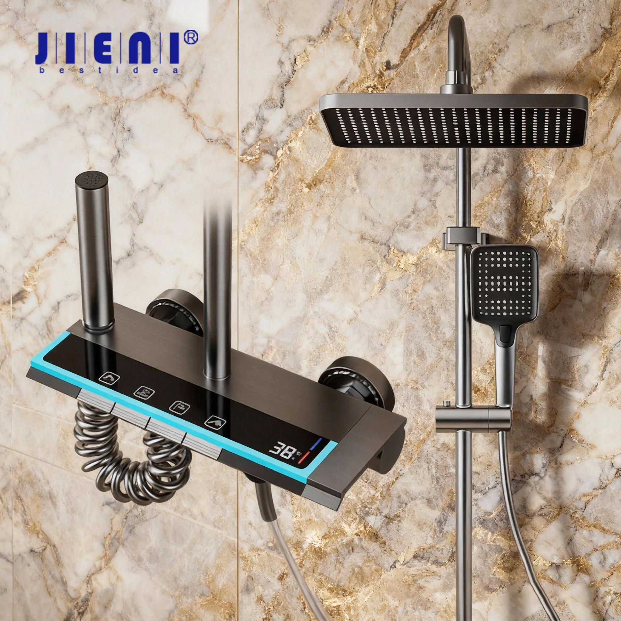 

JIENI 4 Functions Bathroom Shower Faucet Set Smart Digital Temperature Display Shower System Rainlfall Hot Cold Shower Mixer Tap