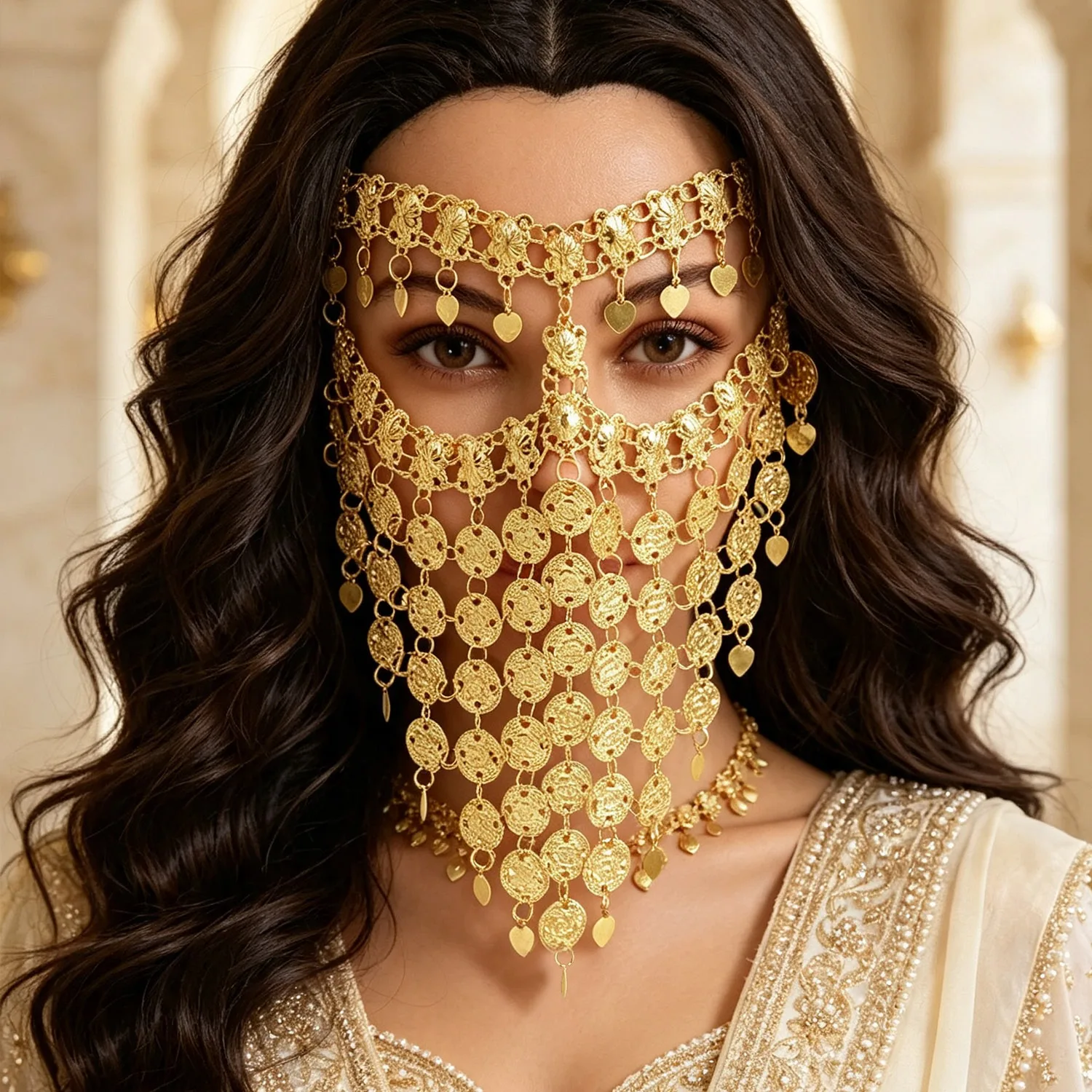 Trendy Coin Chain Sequin Tassel Full Face Inverted Triangle Jewelry Mask for Woman Ethnic Style Alloy Carved Fashion Accessories