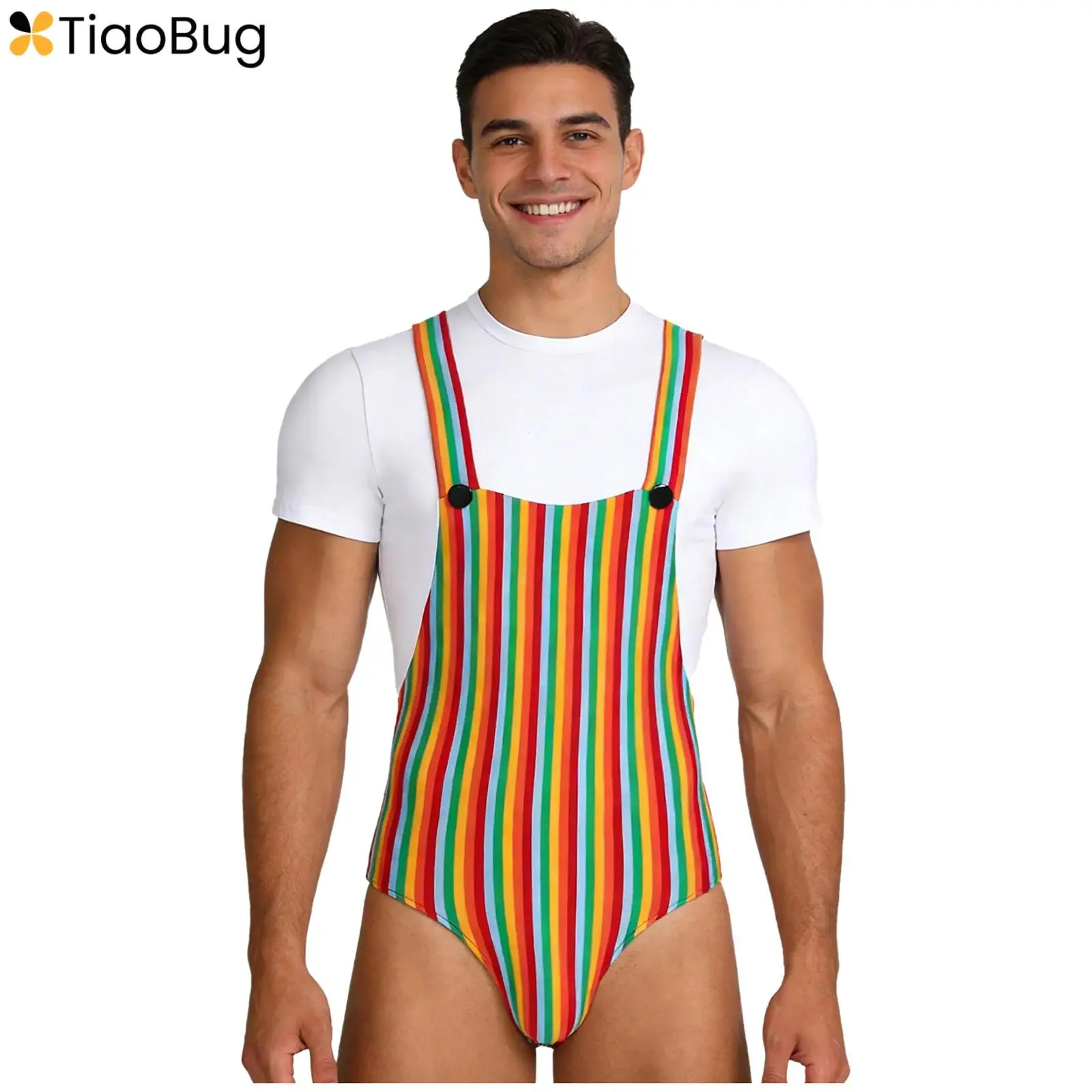 Mens Overalls-style Striped Bodysuit Nightwear Short Sleeve Buttoned Crotch Leotard Fake 2-piece Homewear Jumpsuit for Lounging