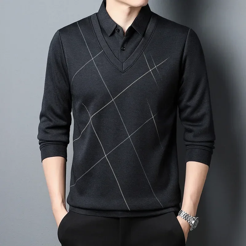 Graphic T Shirts Men  Autumn New Long Sleeve Fake Two-piece T-shirt Male Fashion Casual Plaid Men T Shirt Tops