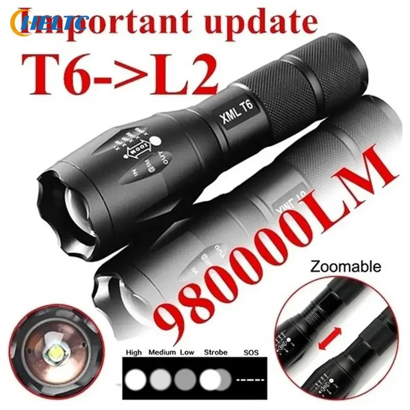 High Quality Aluminum Alloy Cree XML T6 LED Flashlight Tactical Military LED Flashlight 980000LM Zoomable 5-Mode Without Battery