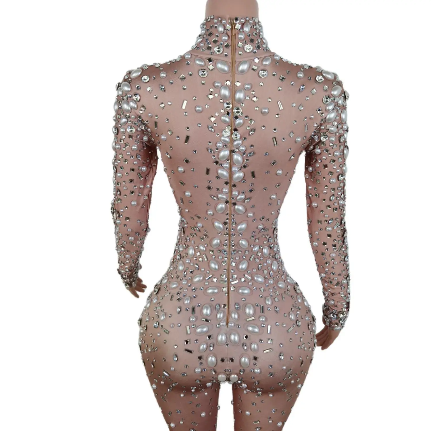 Brilhante estiramento elastano pérola strass uma peça bodysuit palco desempenho outfits feminino bodycon macacão sexy diamante macacões