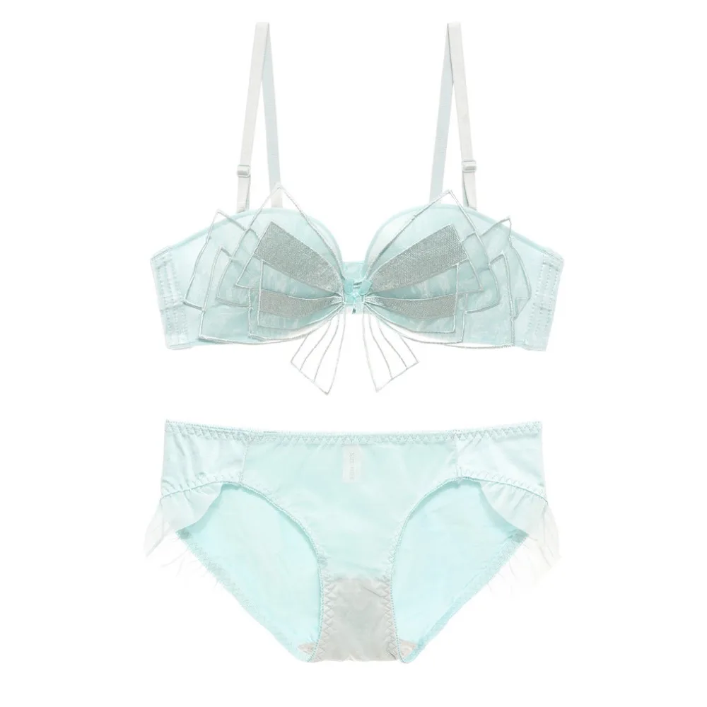

Comfortable Wireless Mesh Bow Bra Ruffle Low Waist Sweet Lingerie Set Intimates Push Up Bra Panties Summer