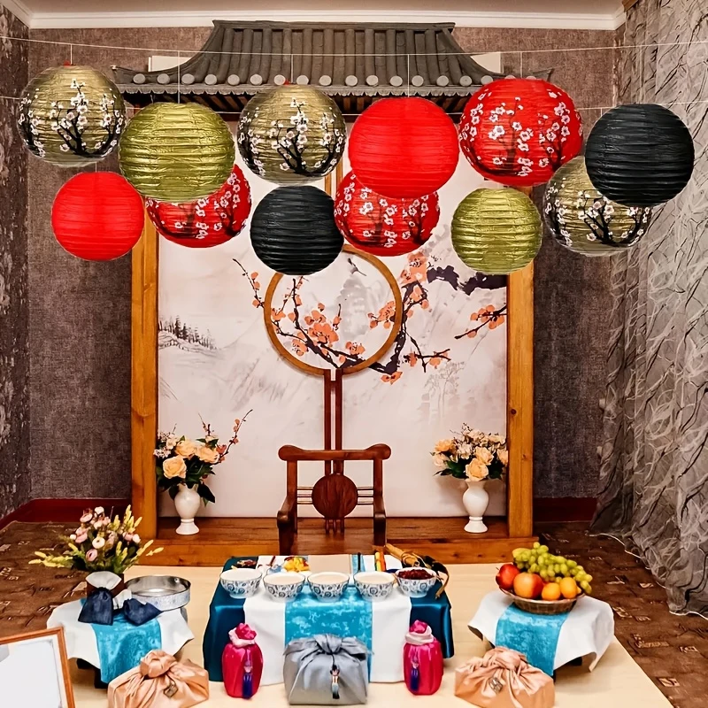 مجموعة مكونة من 12 قطعة من الفوانيس الورقية الصينية، مجموعة فوانيس ورقية من زهر البرقوق فو شي، تصميم زهر البرقوق المجوف باللون الأحمر والأبيض والذهبي (ألوان مختلطة) لتزيين حفلات مهرجان الربيع، وأنشطة الحفلات والعام الجديد، وأحجام مختلفة #2