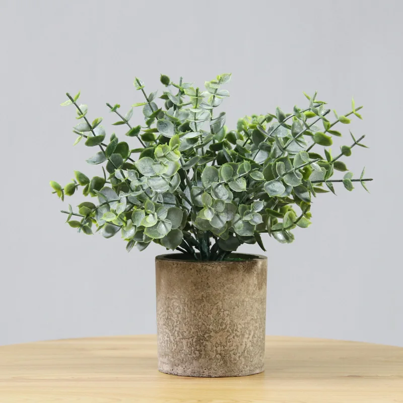 

Artificial Potted Green Plant Eucalyptus Leaves Bonsai for Home Desktop Decoration Pulp Cylindrical Pot Fake Grass Plants Potted