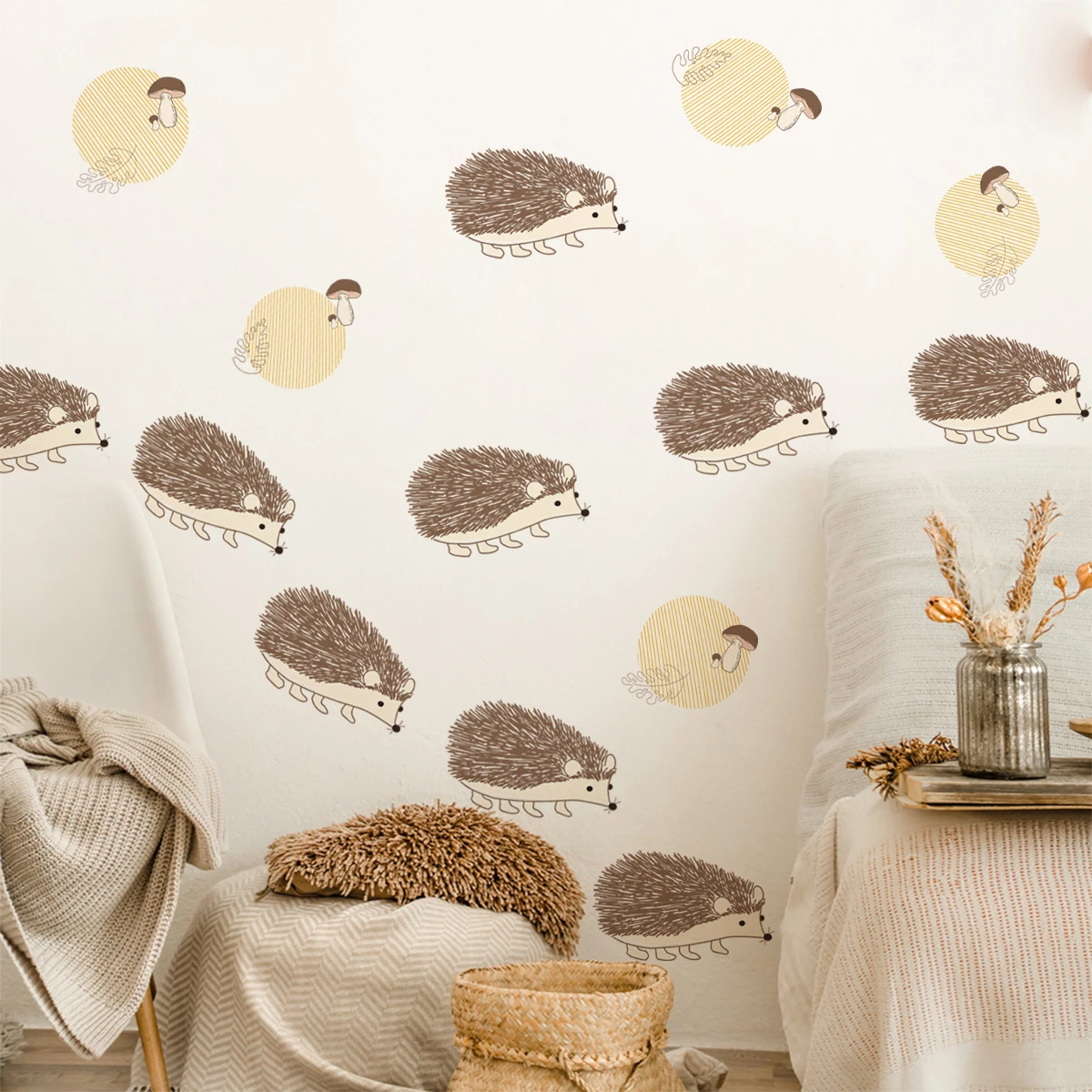 

Boho Cartoon Hedgehog Mushroom Leaves Wall Sticker Nursery Child Room Wall Art Decal Kids Room Vinyl Bedroom Living Home Decor