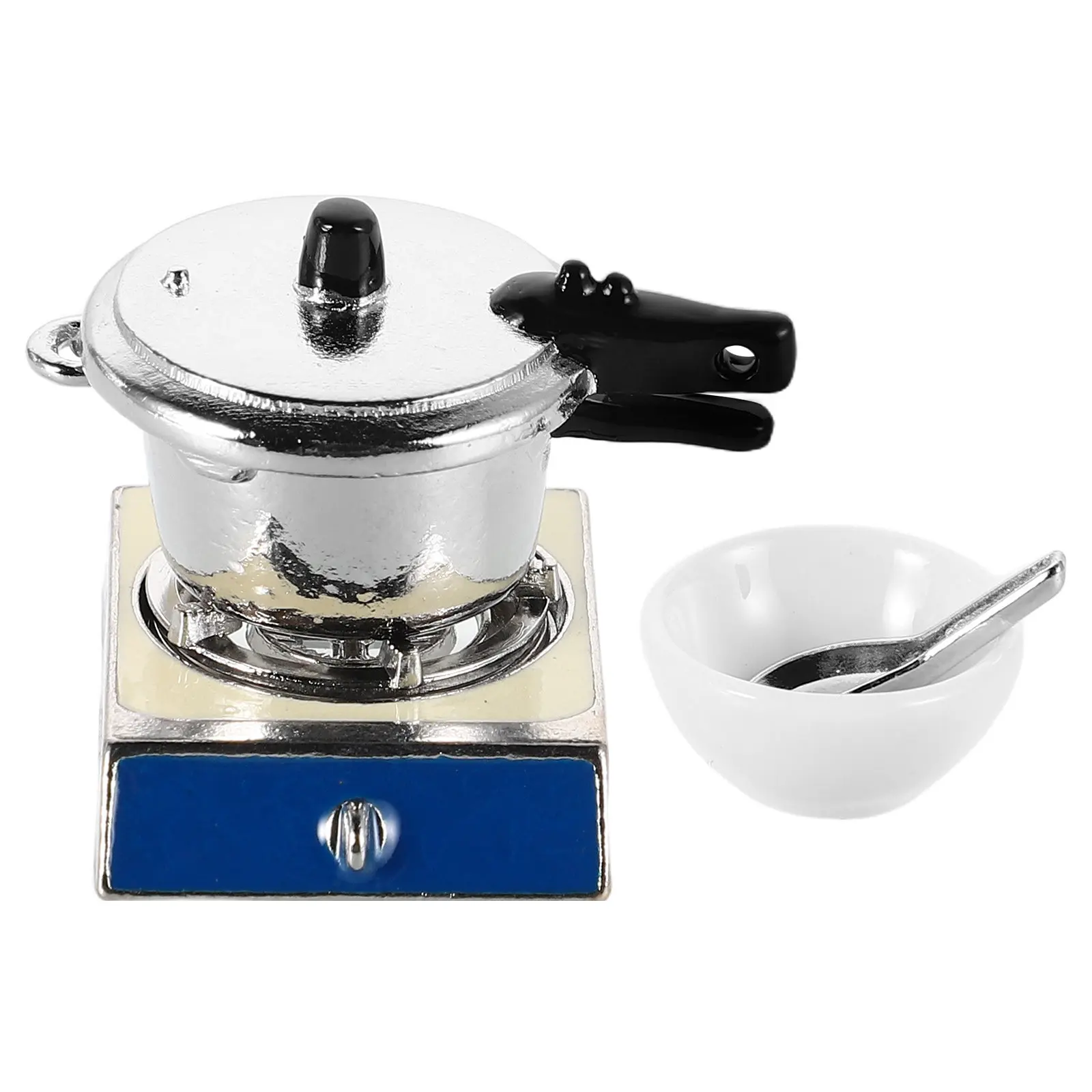 

1Set Miniature Kitchen Set Alloy Gas Stove Pressure Cooker Bowl Spoon Realistic Cooking Scene Miniature Kitchen Appliance Set