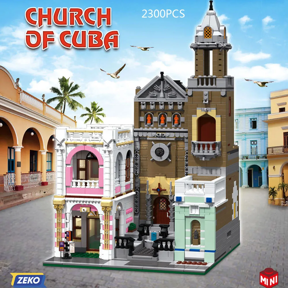 

City Street View Architecture Cuba Church Mini Block Streetscape Model Building Brick Figure Assemble Toy With Light For Gifts