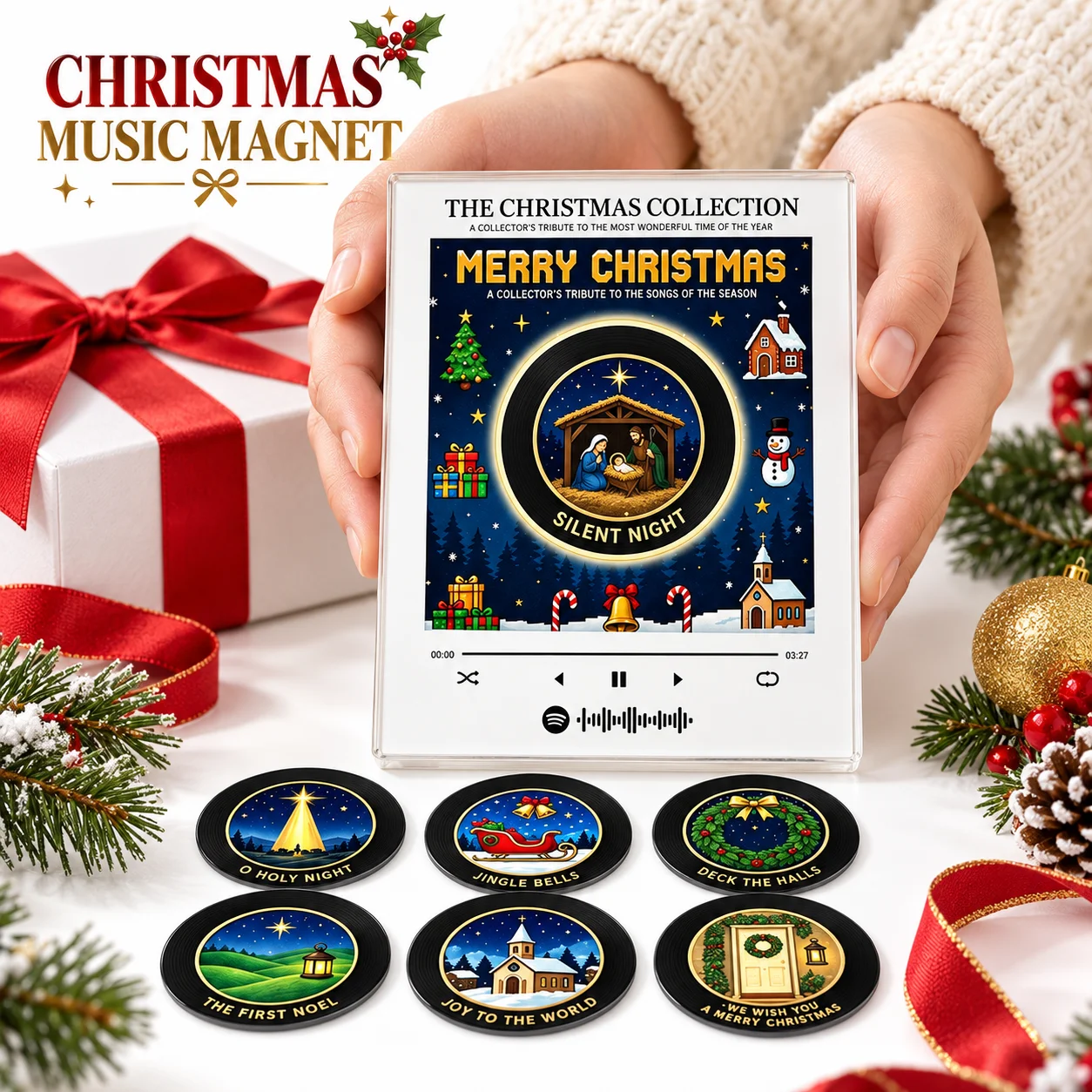Christmas NFC Magnetic Vinyl Record Player Customized Music Rotating LED Acrylic Fridge Ornament Night Light Gift