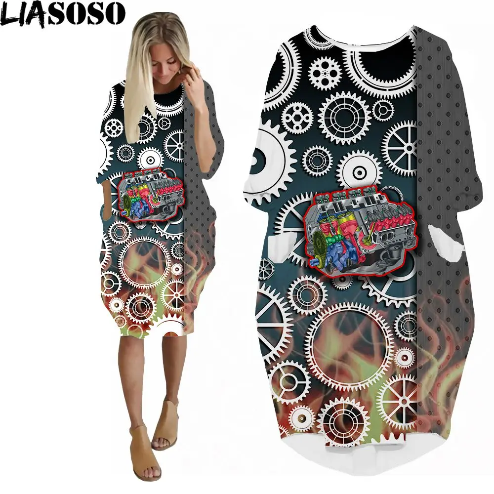 

LIASOSO 3D Print Womens Fashion KneeLength Dress Turning Gear Engine Harajuku Style Summer Casual Personality Loose Pocket Skirt