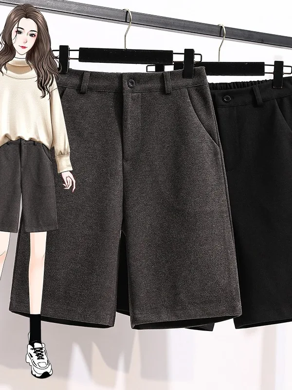 High Waist Woolen  Shorts Women's Straight Leg Woolen Pants Outerwear Wide Leg Mid-Length Boot Pants Casual Style