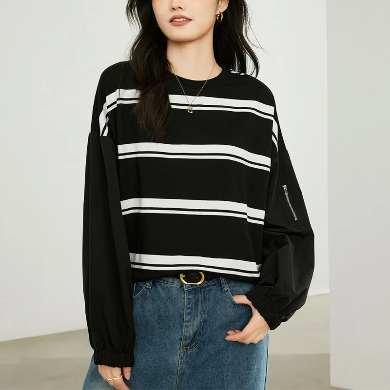 Temperament Fashion Autumn Winter Women O-Neck Striped Contrast Color Zipper Simplicity Office Lady Long Sleeve T-Shirts Tops