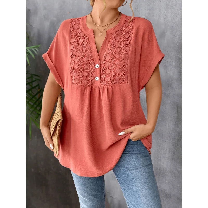 

Loose Casual Vacation Blouse with a, Button Details, And Short Sleeves Made from Crinkle