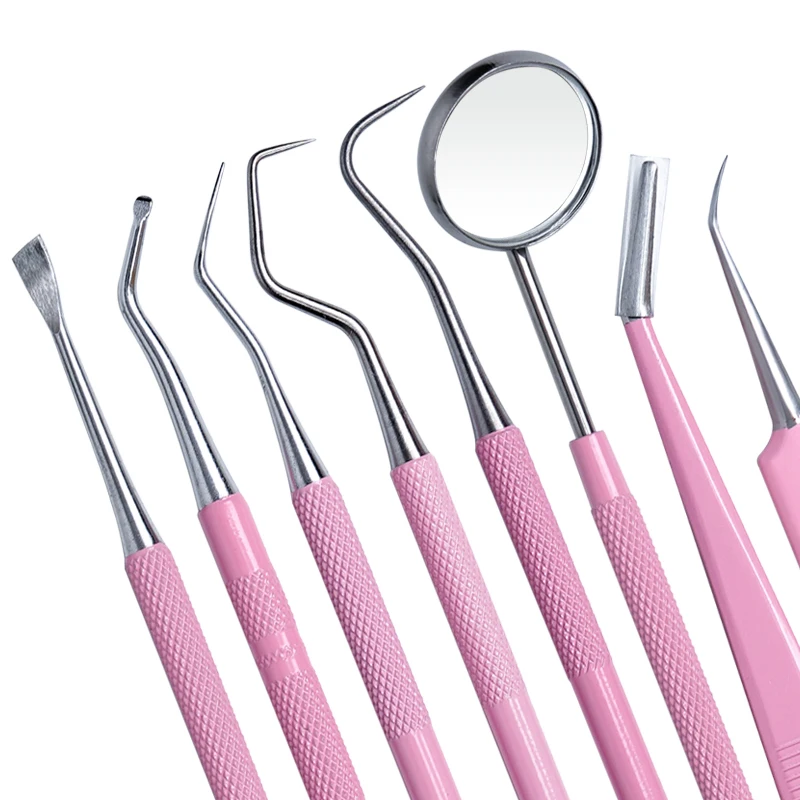 Kit de limpieza de herramientas bucales de dentista, pinzas de espejo de boca rosa, doble sonda, hoz, escalador, instrumento de dentistería, 8 Uds.
