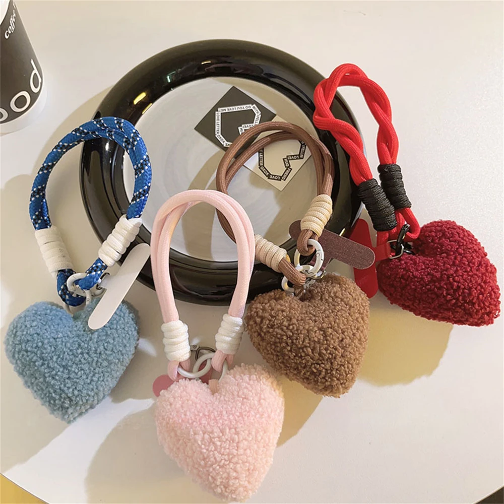 Plush Love Heart Lanyard Keychains Key Chain Rings Phone Strap Mesh Landyard Bags Braided Strips Keycord Hanging Accessories