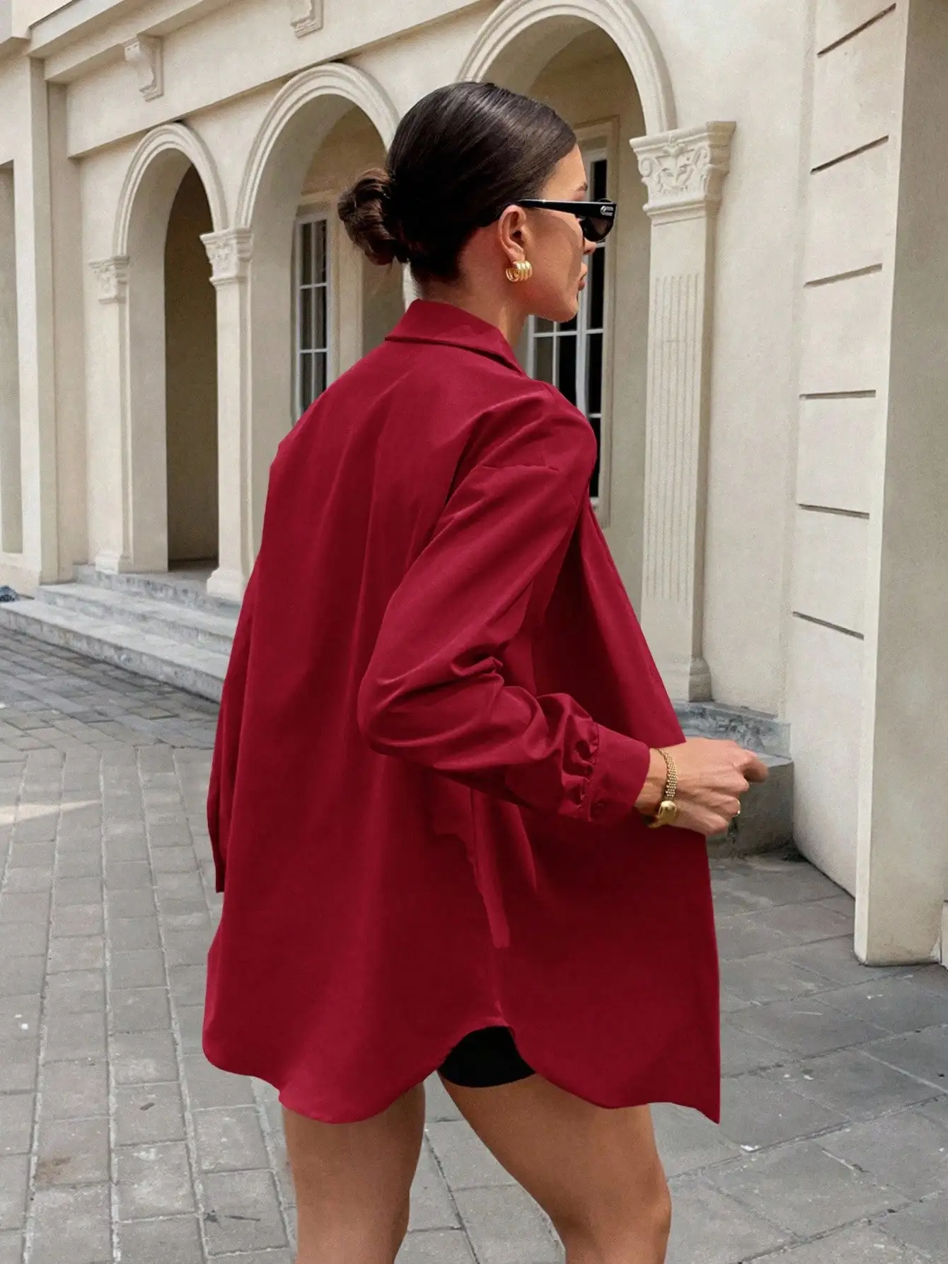 

Red Oversized Shirt And Black Bodysuit Shorts Set Women Streetwear Casual Summer Outfit