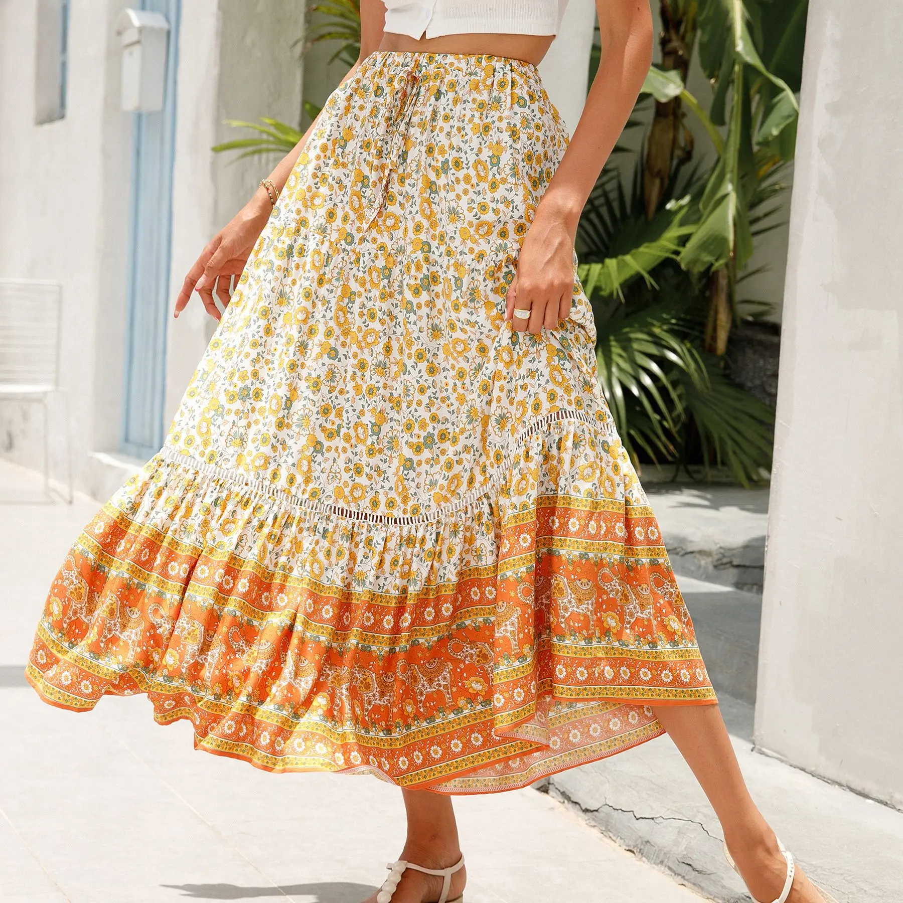 Women's Retro High Waist A-Line Skirt Rayon Beach Skirt Seaside Vacation Summer Pleated Long Skirt Casual Vacation Beach Skirt