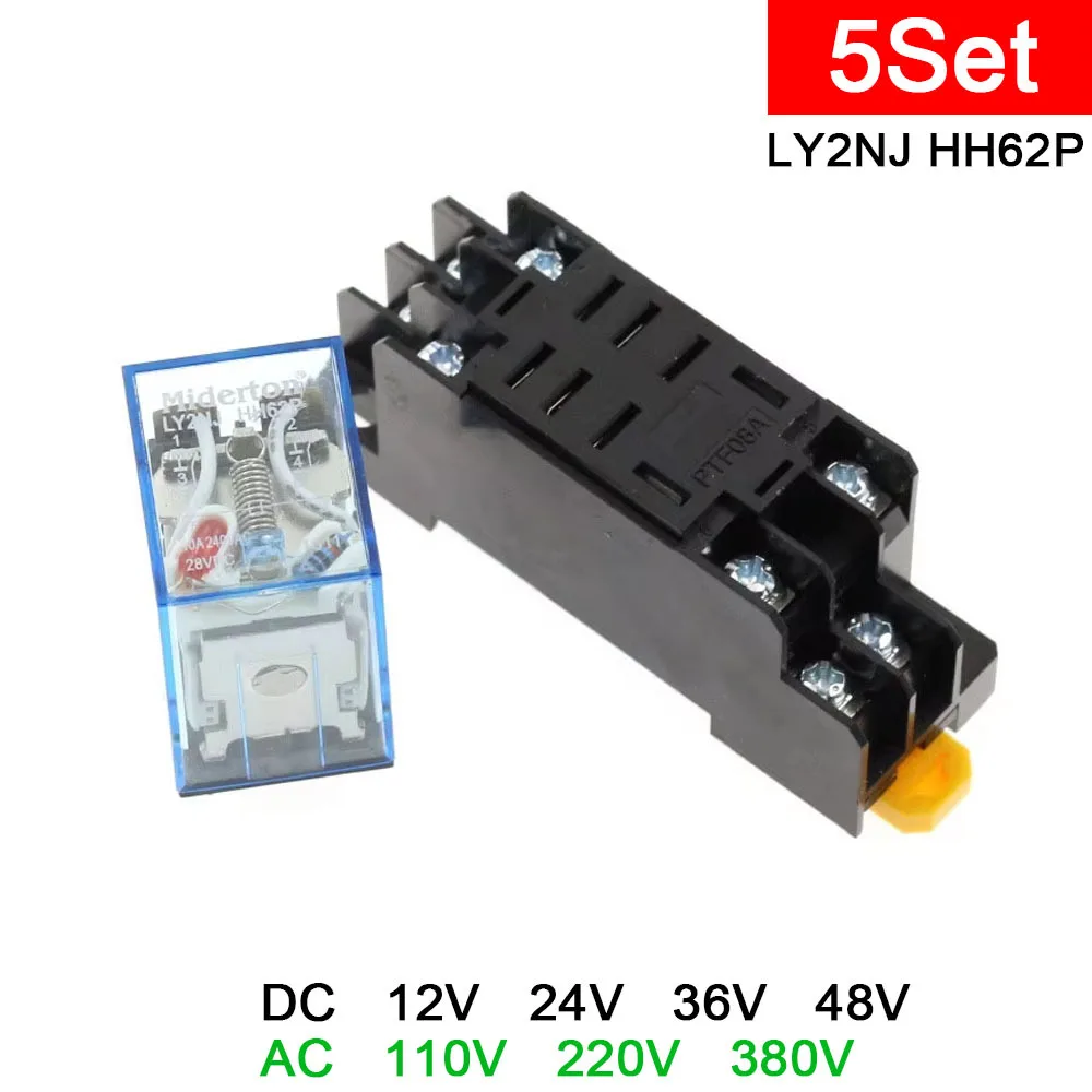 5Sets LY2NJ HH62P Relay DC12V/24V/36V/48V/110V/220/240/380V AC 10A 8PIN Coil Power Relay DPDT HHC68A-2Z With Socket Base JQX-13F