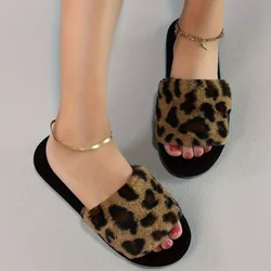 Autumn Winter Women Leopard Print Plush Slippers Cozy Warm Open Toe Soft Sole Shoes Comfy Indoor Floor Fuzzy Slippers