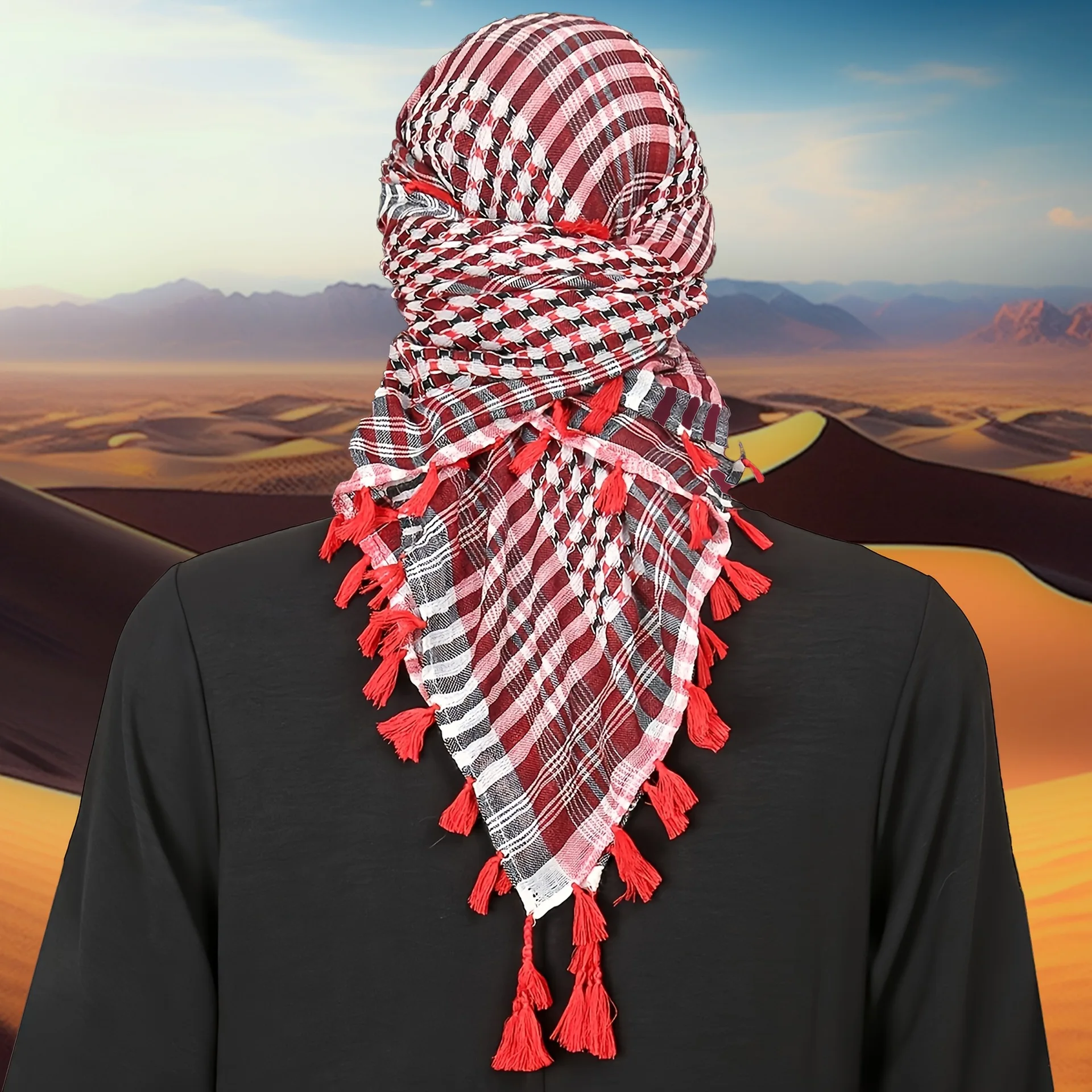 Colorful Houndstooth Square Scarf with Four-Sided Tassel Fringe,Bohemian Head Wrap & Windproof Neck Gaiter,Multifunctional Scarf