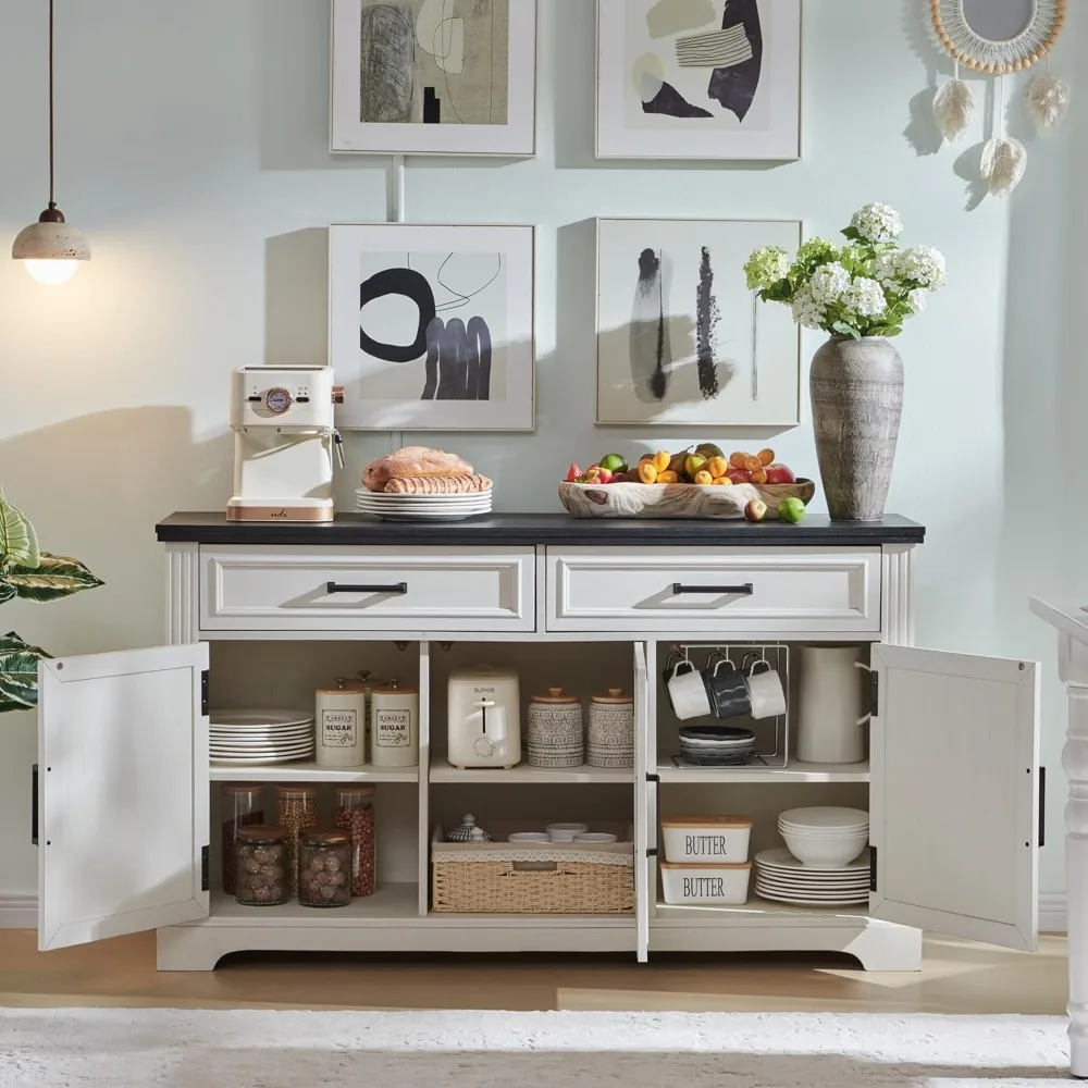 JXQTLINGMU 55 大型ビュッフェサイドボードキャビネット、3つのドアと2つの引き出し付き、ビュッフェテーブル、コーヒーバー、ワインバー収納キャビネット