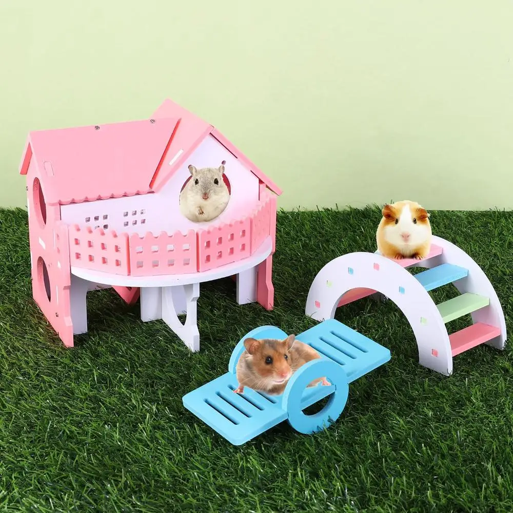 1 Pieces Hamster Toys Set Include Wooden Hamster House, Rainbow Bridge, Hamster Seesaw Toy  Chew Corn