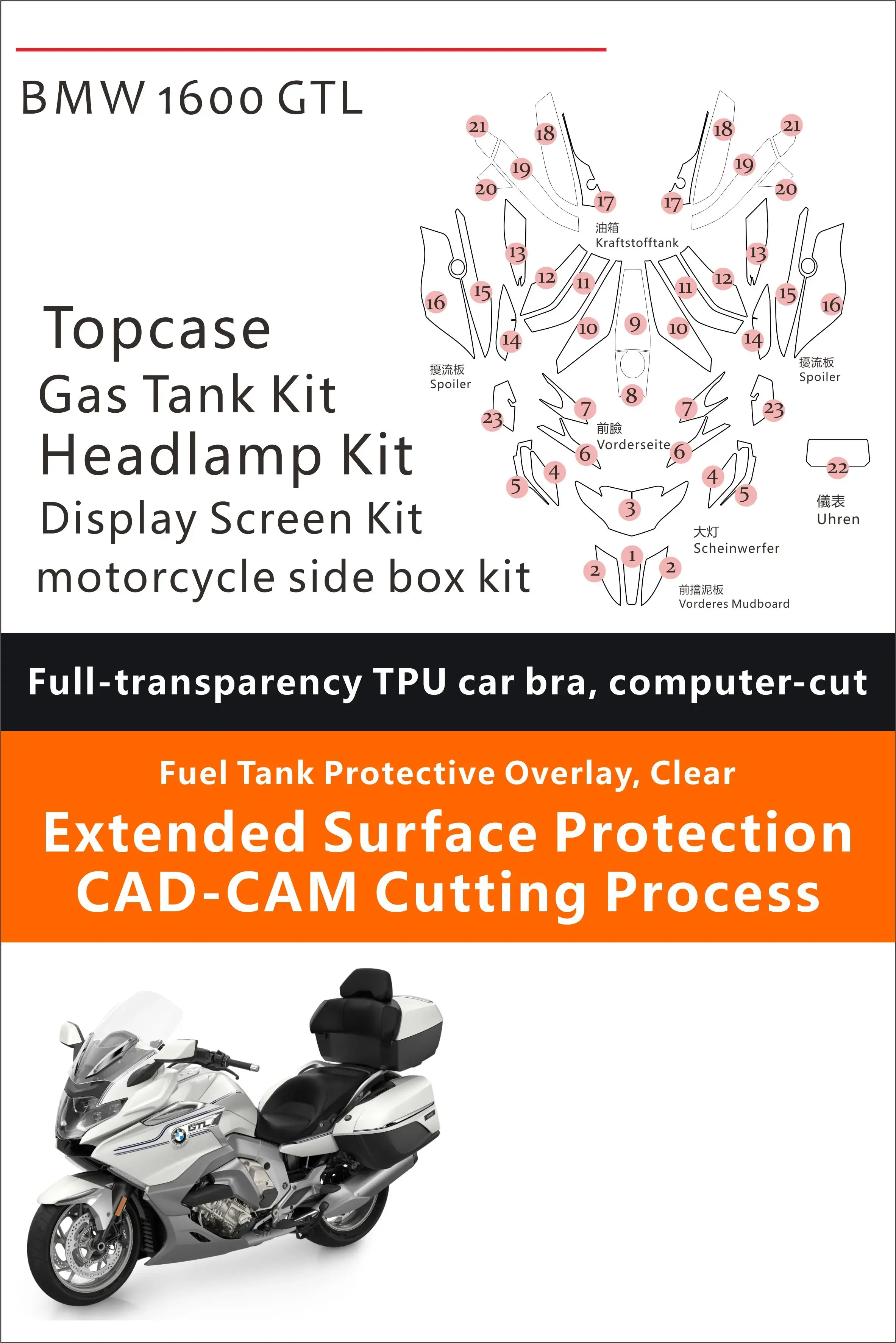 Motorcycle Paint Protection Film, Full Kits, Scratch and Chip Resistance, Self-Healing Technolog, BMW 1250 GTL, Applicable to