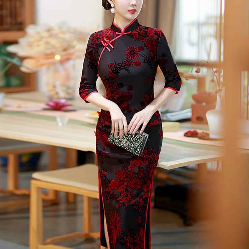 

Весенне-осеннее новое женское длинное Cheongsam, сексуальное тонкое платье Ципао с разрезом, традиционное китайское платье, ретро восточный костюм с воротником-стойкой
