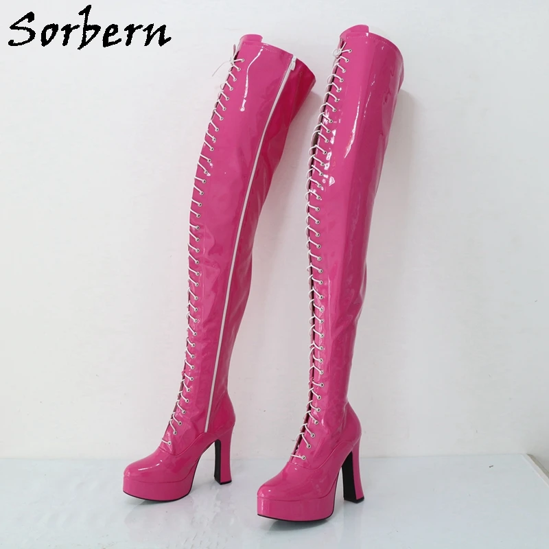 Sorbern Custom Slim Fit Crotch Thigh High Boots For Crossdresser Block Heels Platform Shoes Long Boot Patent Chunky Heels