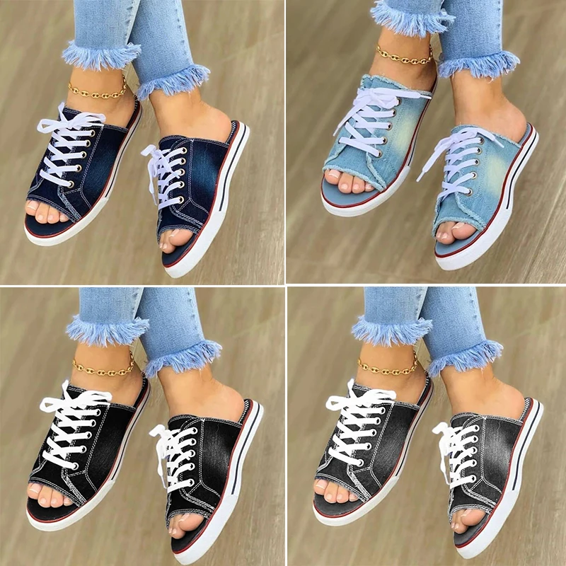 2022Fashion Women Canvas Sandals Breathable Summer Slippers Lace Up Open Toe Ladies Faux Denim Flat Shoes Zapatos Mujer Sandales