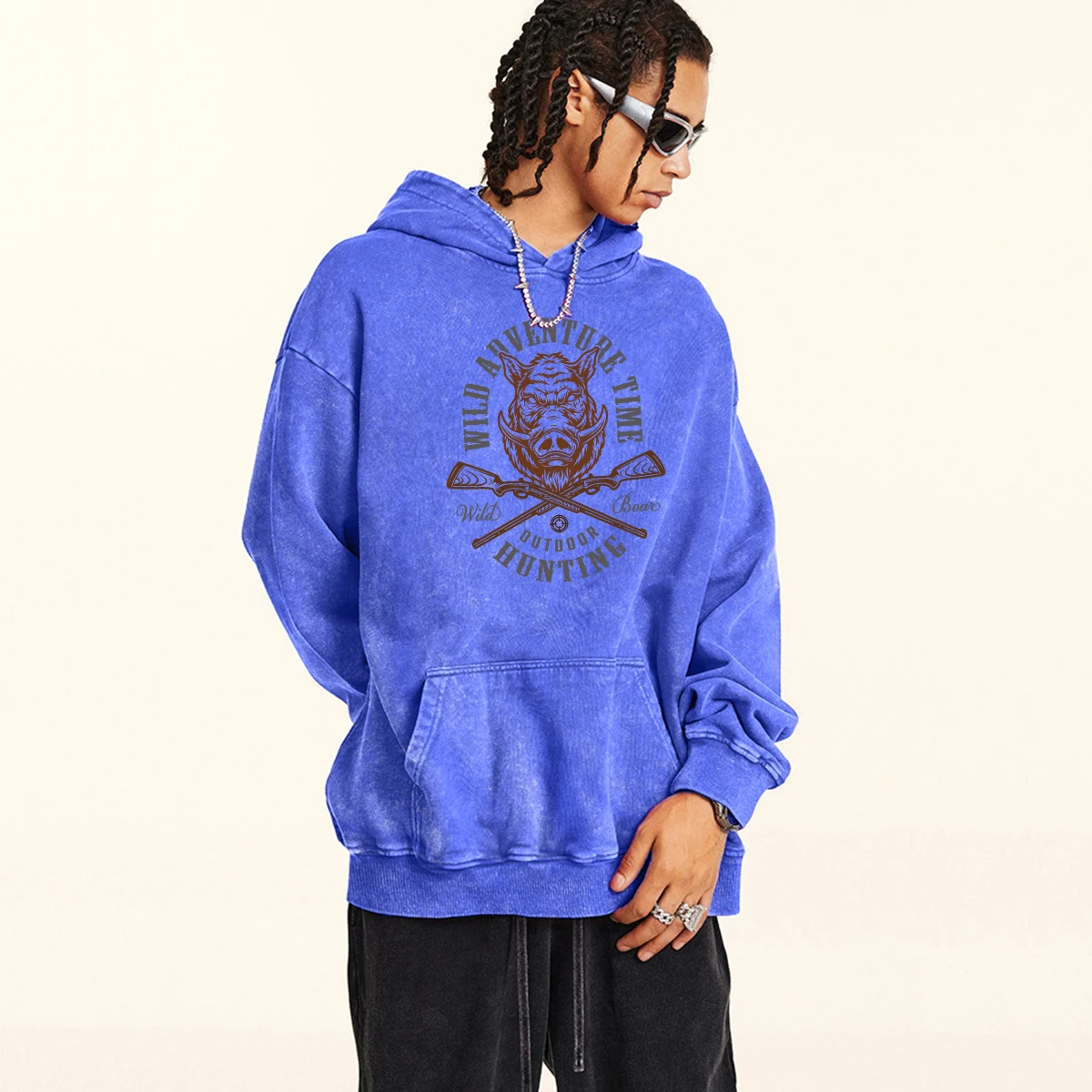 

Wild Boar Head Hoodie Men Retro Washed Hoodies Outdoor Hunting Letter 100% Cotton Pullover Flexible Soft Sweatshirt Clothing