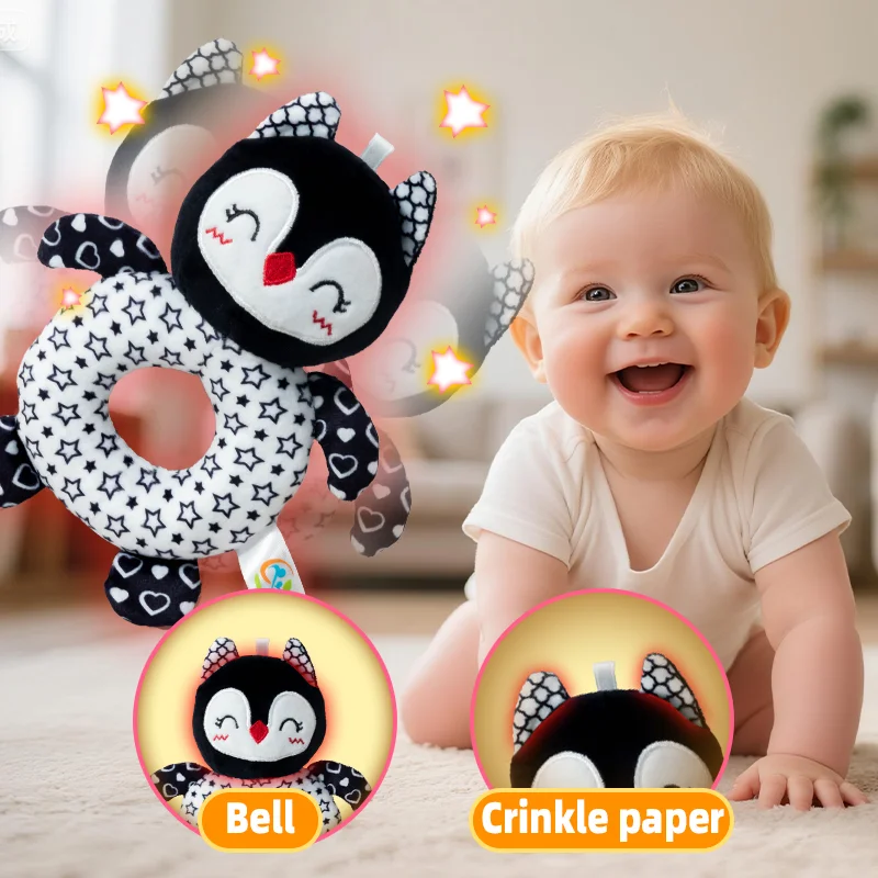 لعبة خشخيشة تسنين للأطفال باللونين الأبيض والأسود - حلقة قبضة مناسبة لحديثي الولادة من 0 إلى 12 شهرًا، مثالية للتطوير المبكر