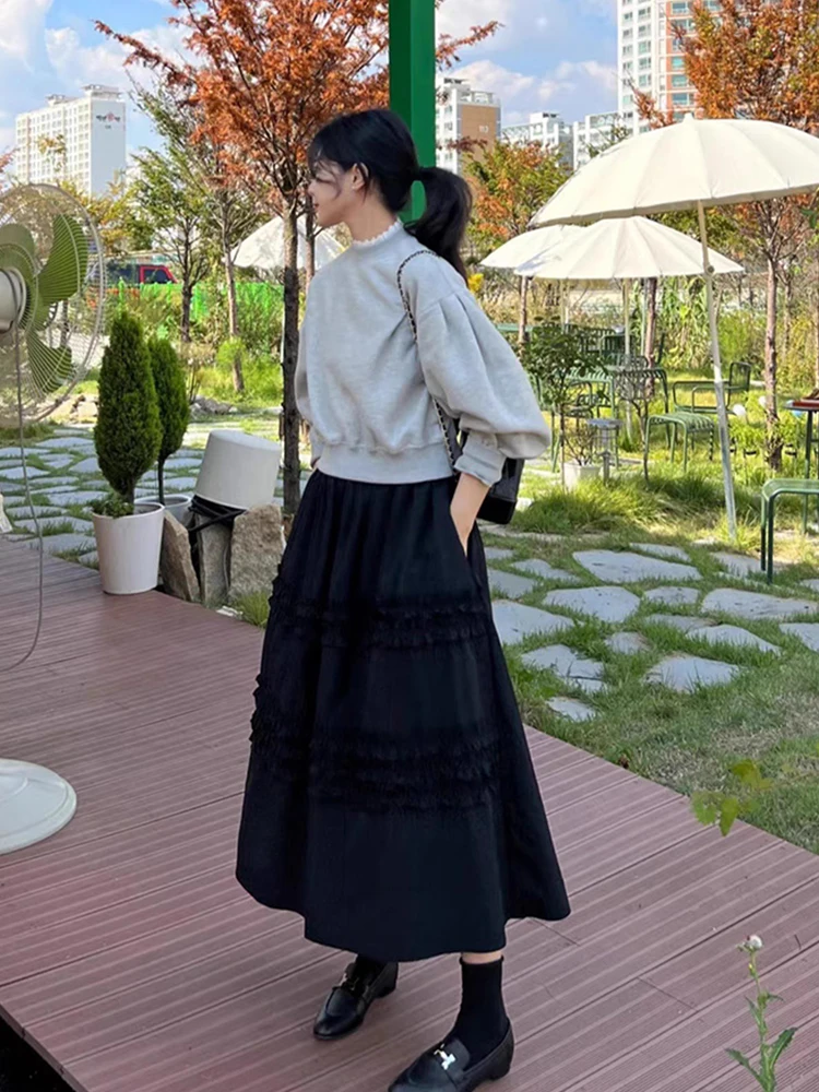 Conjunto de falda y suda e para otoño e invierno, conjunto de dos piezas con ribete de volantes, falda de media lo...