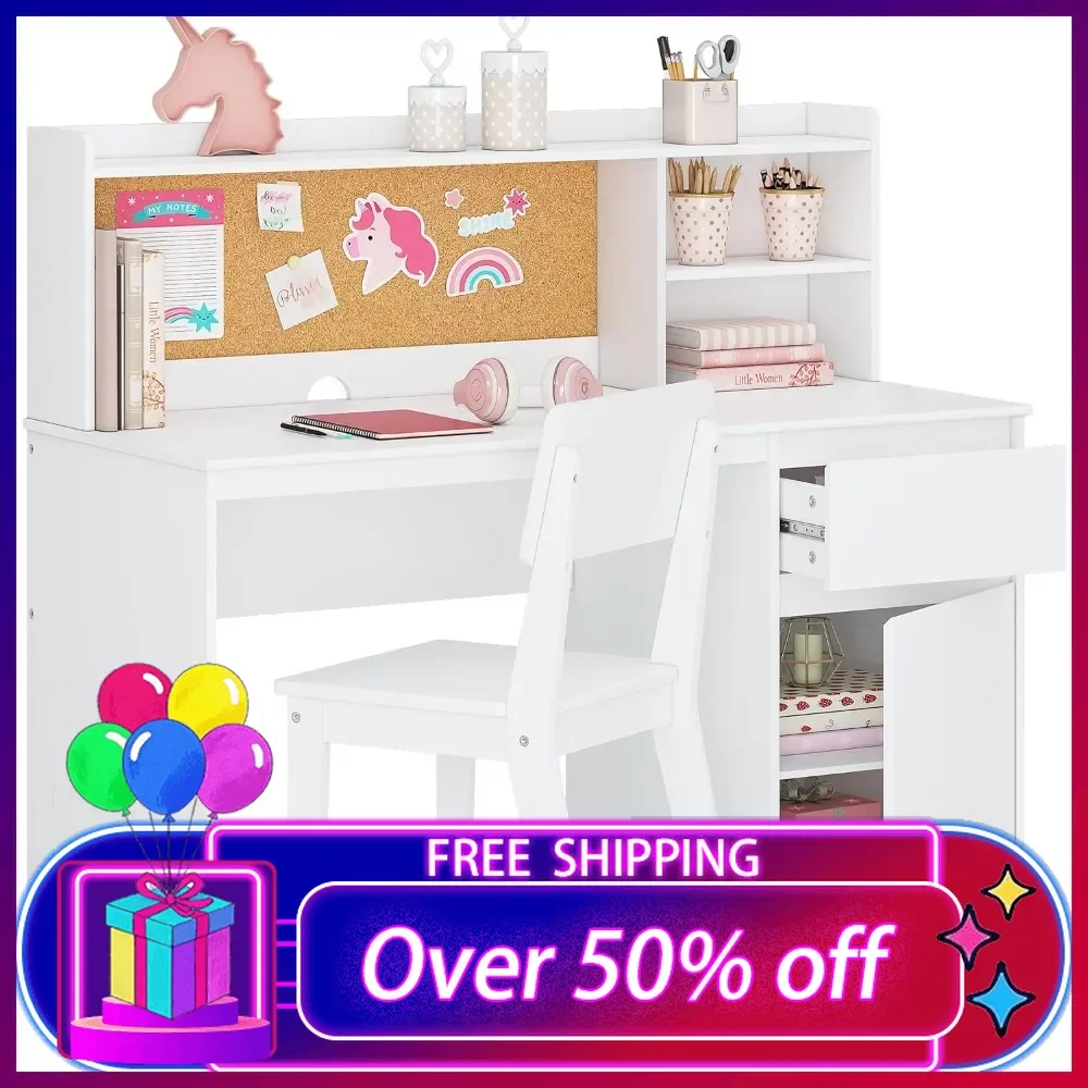 Kids Study Desk with Chair, Kids Desk and Chair Sets with Hutch and Storage Cabinet, Wooden Children Study Tables