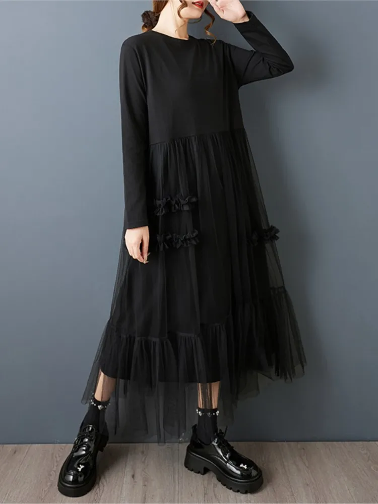 Oversized lente herfst jurk dames mesh patchwork geplooide mode dames lange jurken casual losse vrouw lange mouw jurk