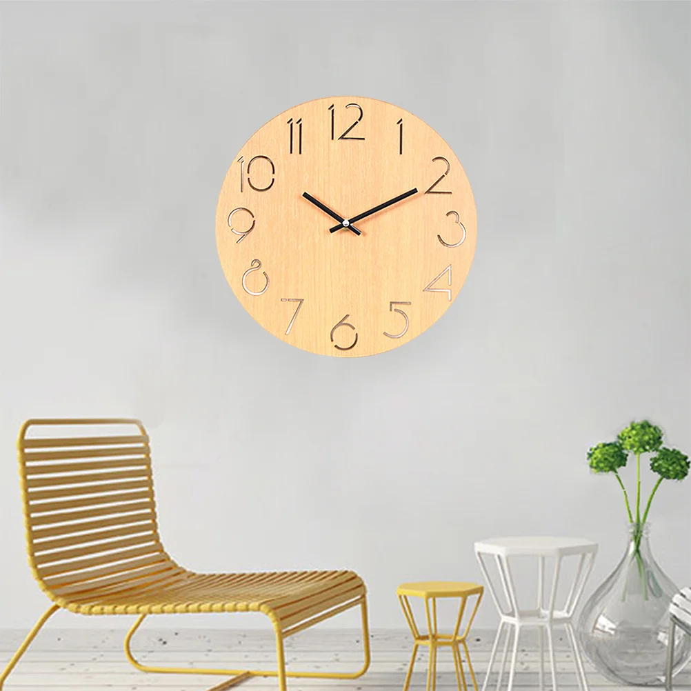 

Creative Simple Mute Wooden Round Wall Clock Light Brown Random Pointer Color for Home Bedroom Living Room Office Decorative