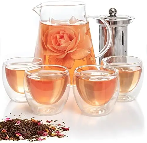 

Mixpresso 5-Piece Glass Tea Set with Infuser, 33oz Teapot & 4 Double Wall Cups – Perfect Tea Gift