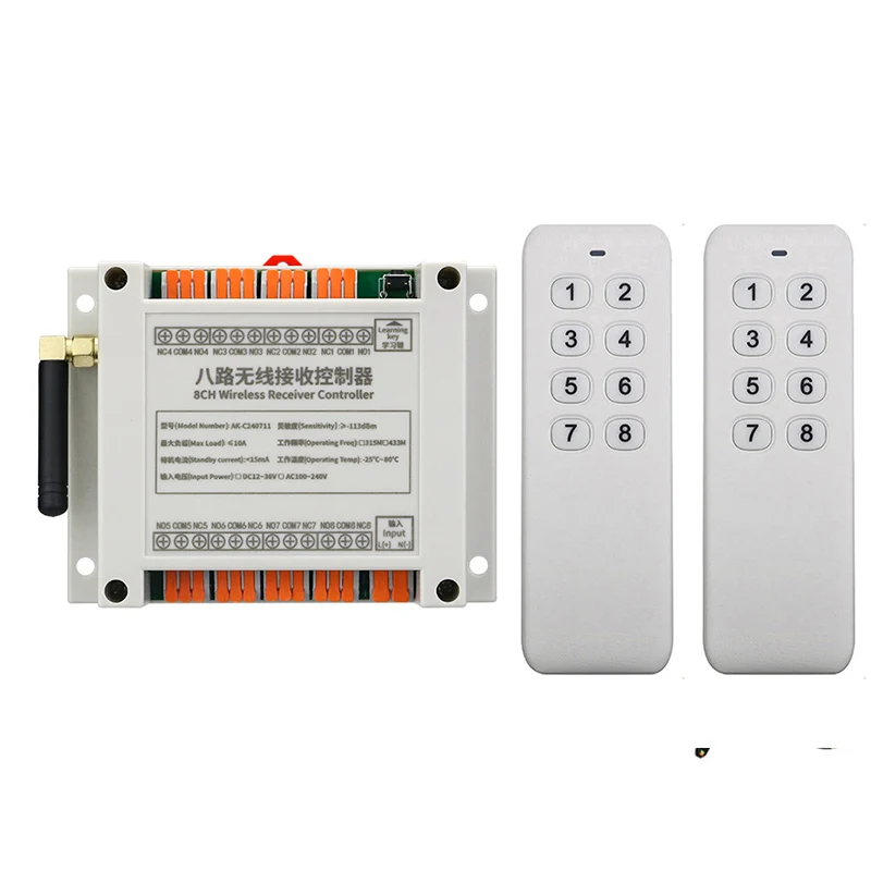 

DC12V 24V 36V 8CH RF Remote Control Circuit Universal Wireless Switch 433 MHz Relay Receiver and Smart Transmitter for Garage